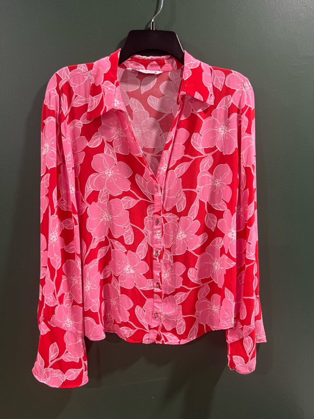 Zara Red and Pink Floral Button-Down Shirt
